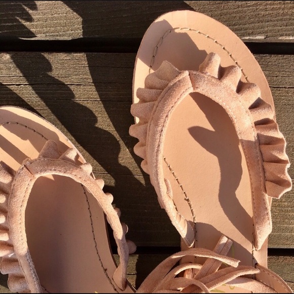 New. Nude Vegan Suede Wrap Sandal with Ruffle - Picture 4 of 7
